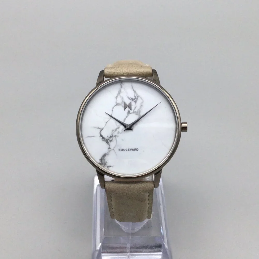 MVMT Crescent Marble Watch Men 38mm Silver Tone Tan Leather Band New Battery